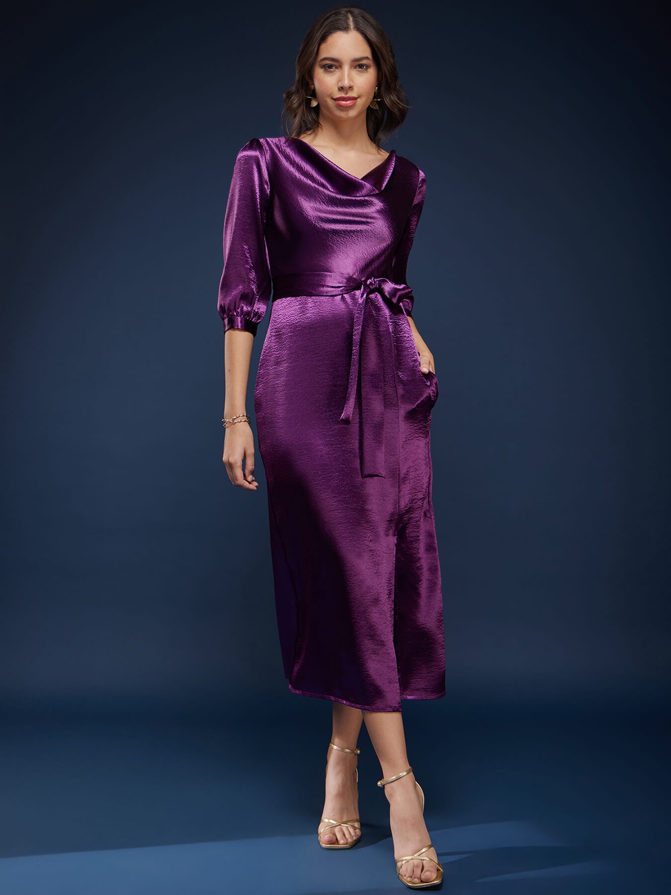 High Gloss Cowl Neck Dress - Purple