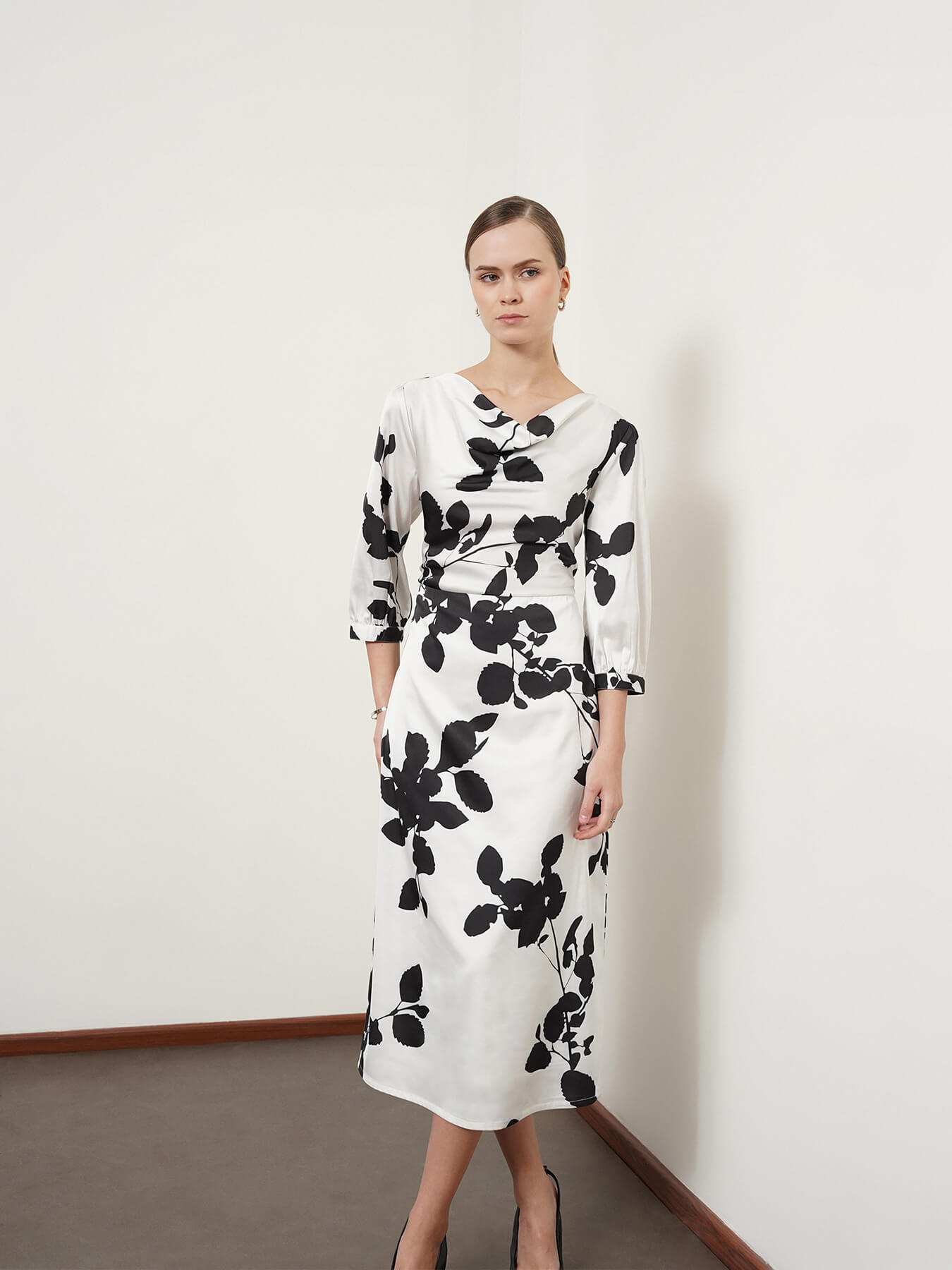 Satin Floral Print A-Line Dress - Black And White
