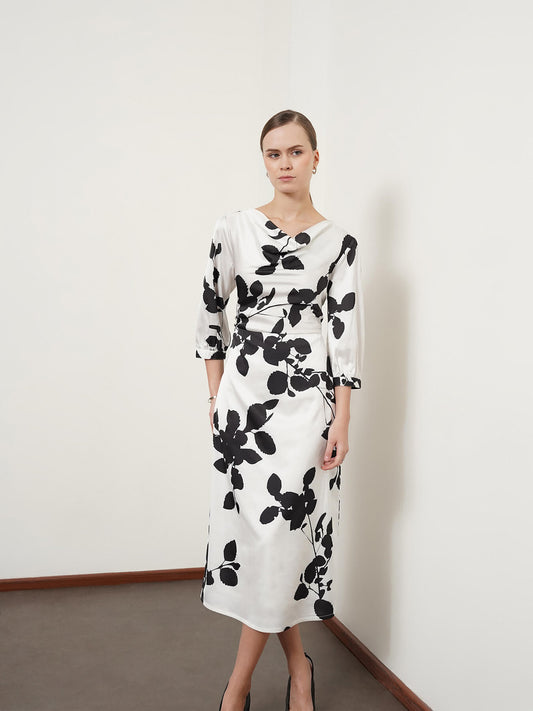Satin Floral Print A-Line Dress - Black And White