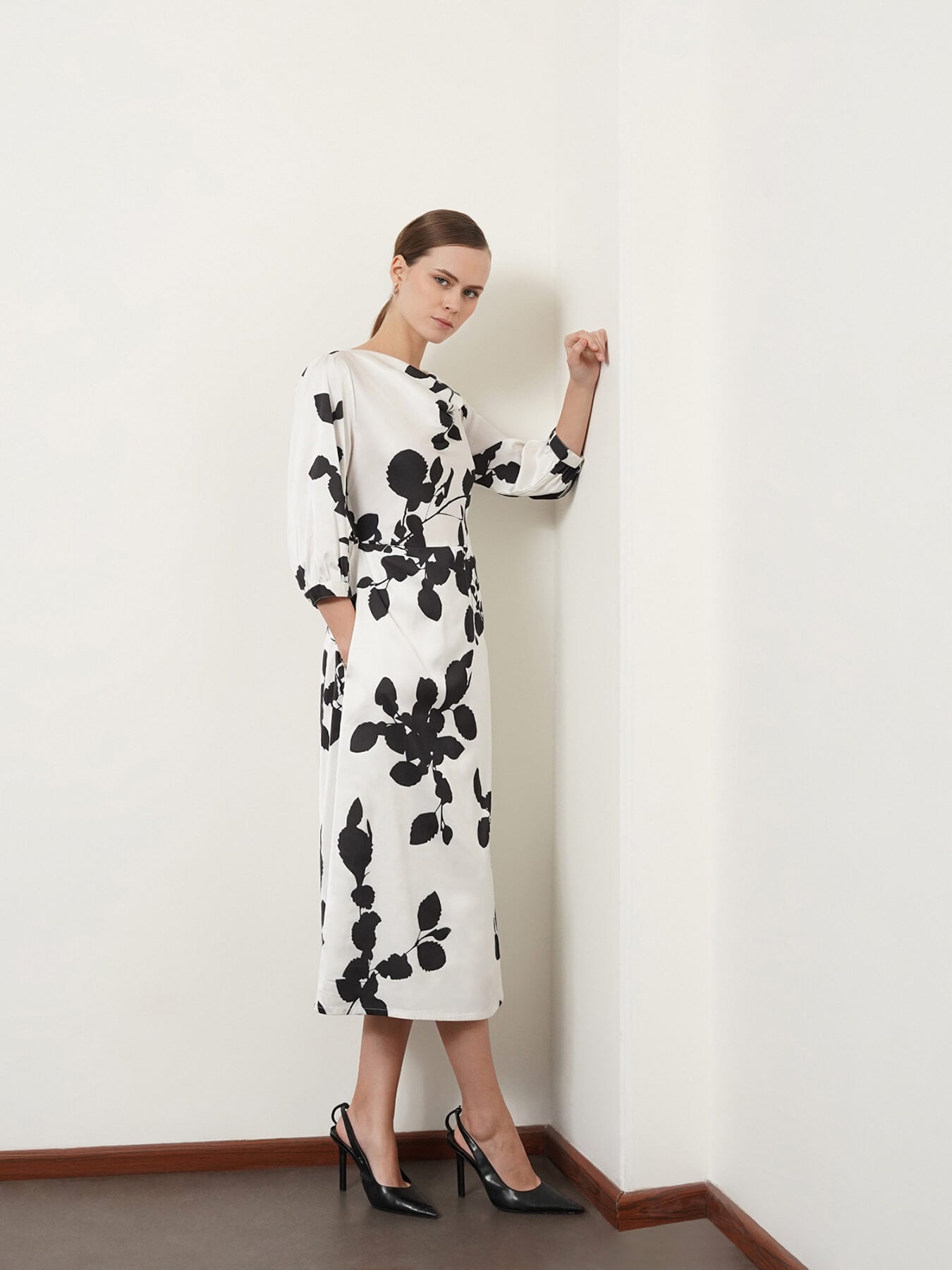 Satin Floral Print A-Line Dress - Black And White