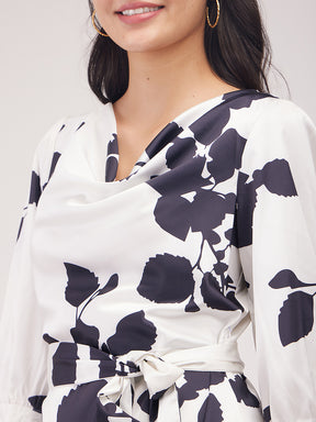 Satin Floral Print A-Line Dress - Black And White