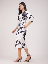 Satin Floral Print A-Line Dress - Black And White