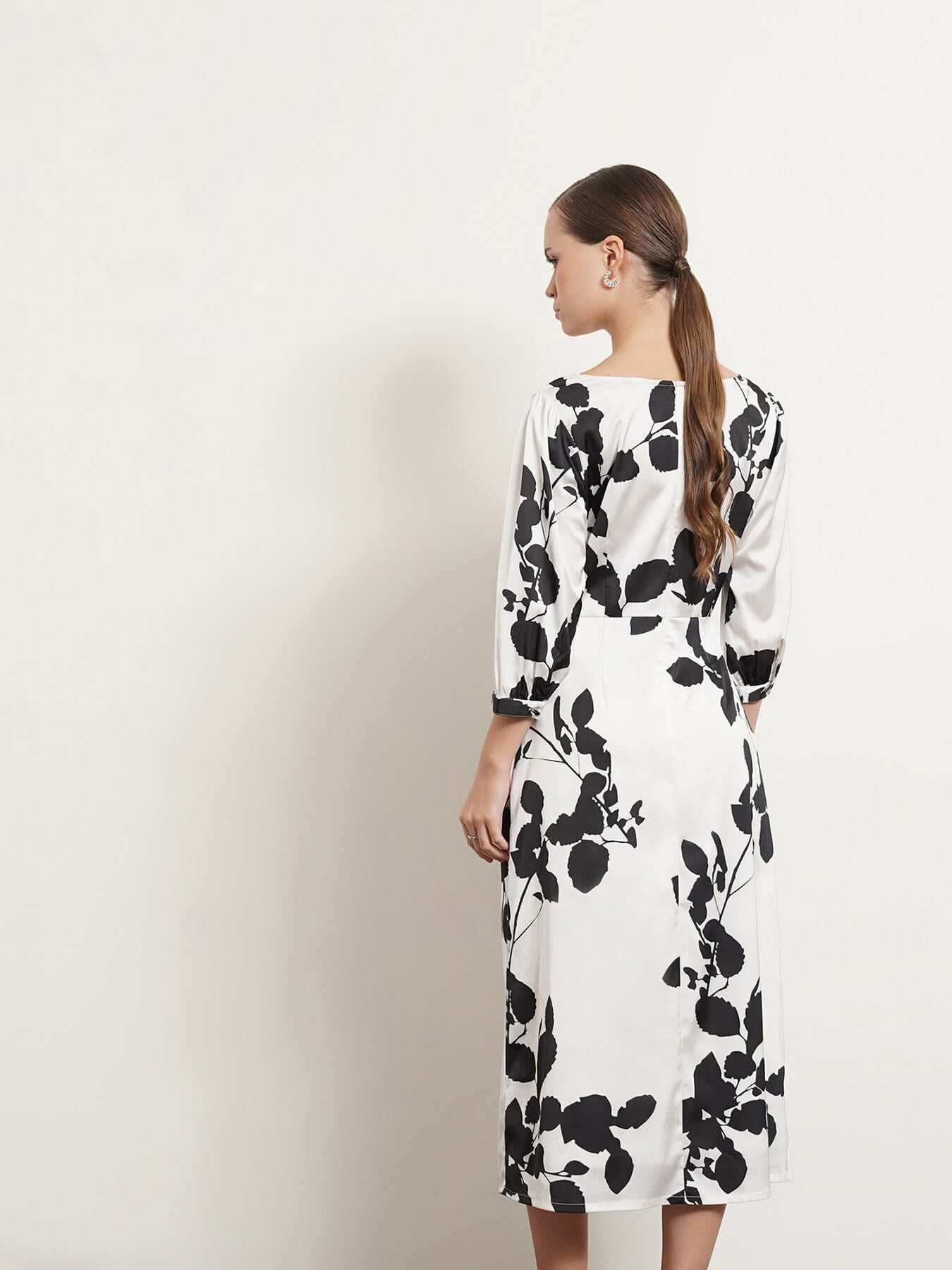 Satin Floral Print A-Line Dress - Black And White
