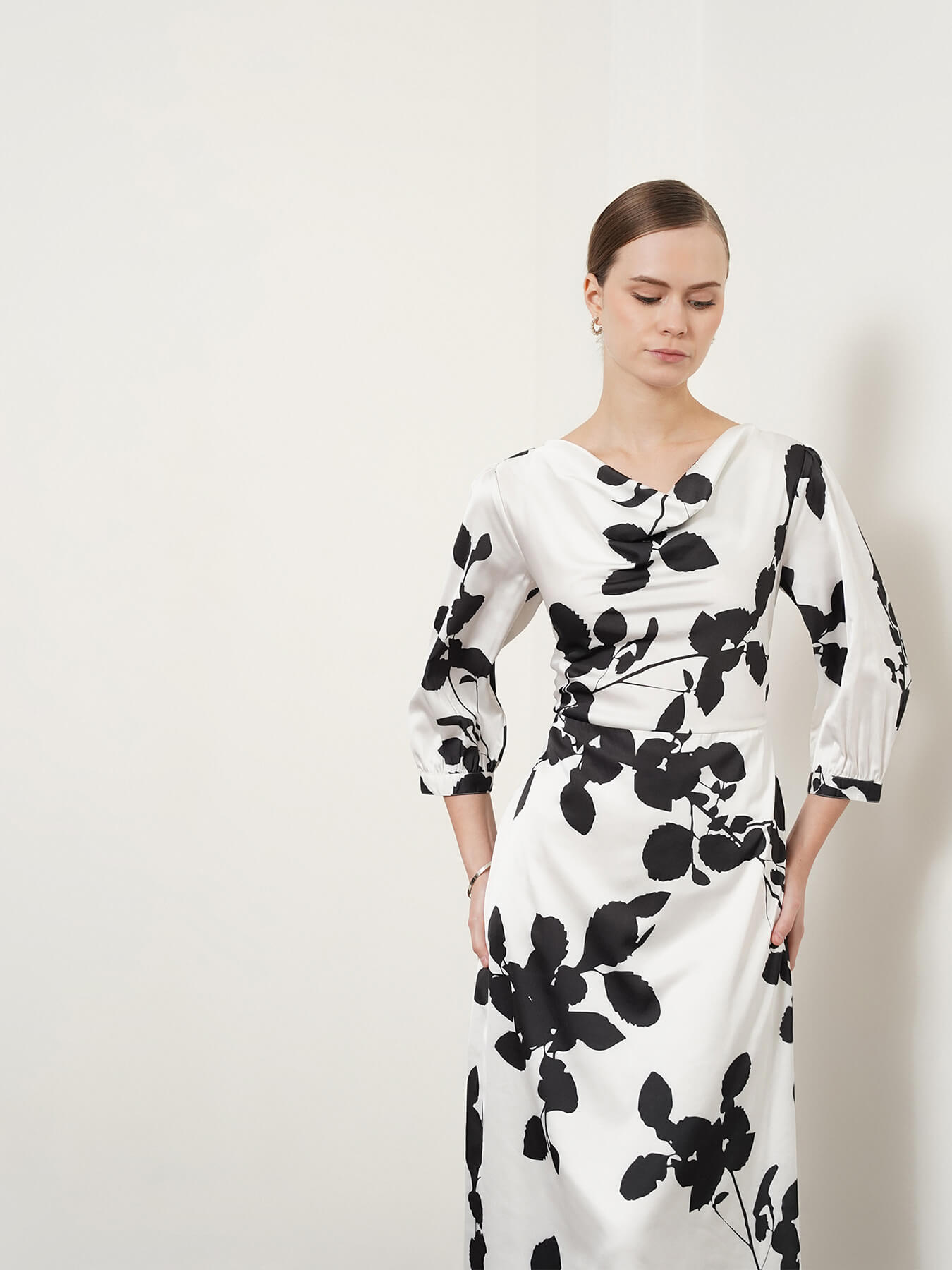 Satin Floral Print A-Line Dress - Black And White