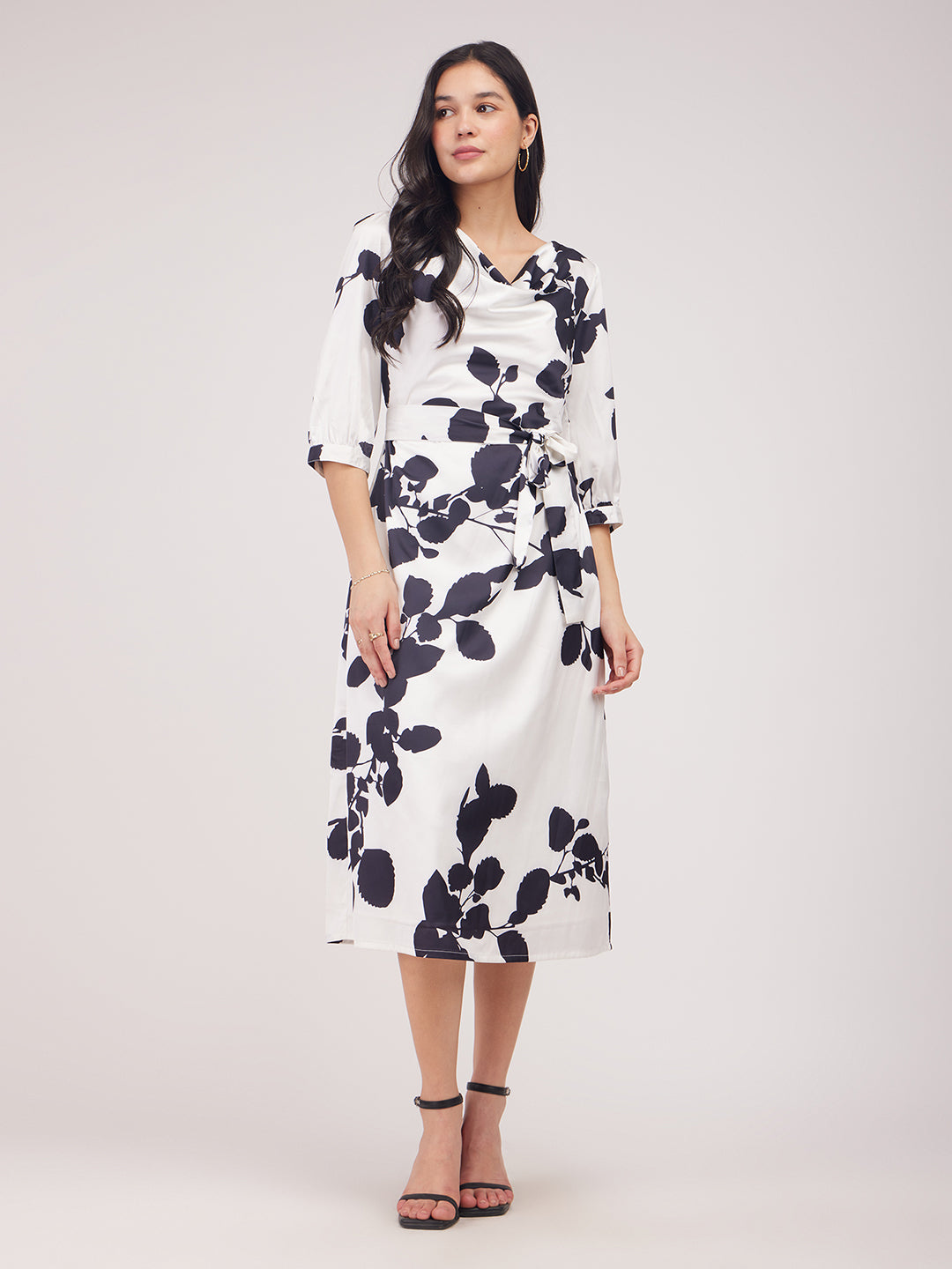 Satin Floral Print A-Line Dress - Black And White