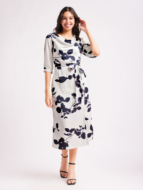 Satin Floral Print A-Line Dress - Black And White