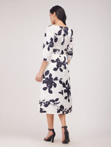 Satin Floral Print A-Line Dress - Black And White