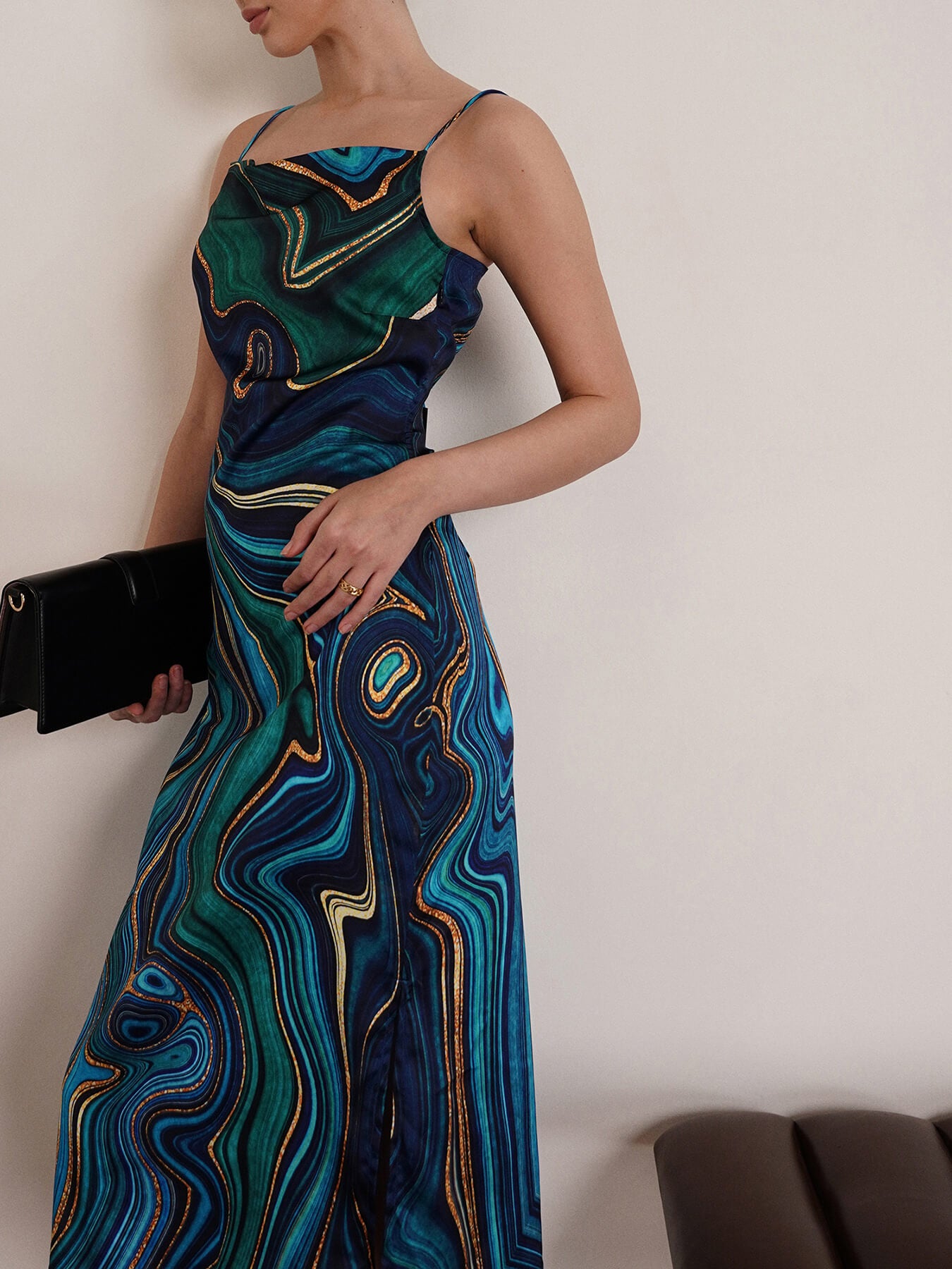 Satin Cowl Neck Dress - Navy Blue