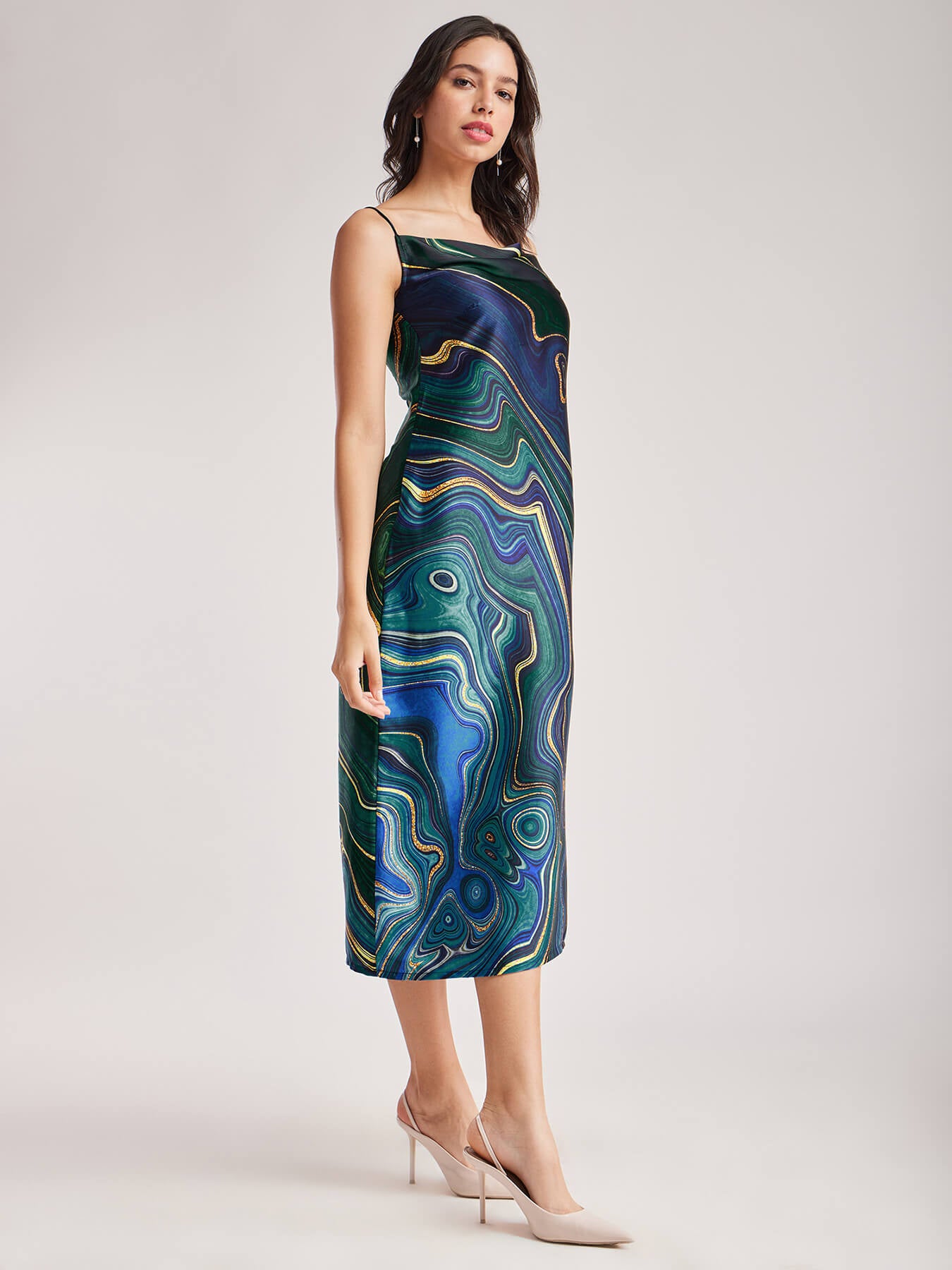 Satin Cowl Neck Dress - Navy Blue