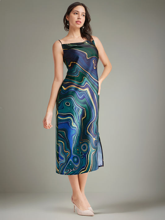 Satin Cowl Neck Dress - Navy Blue