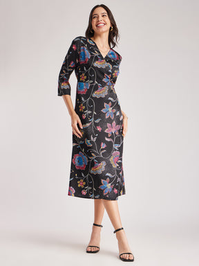 Satin Floral Wrap Dress - Black And Multicolour