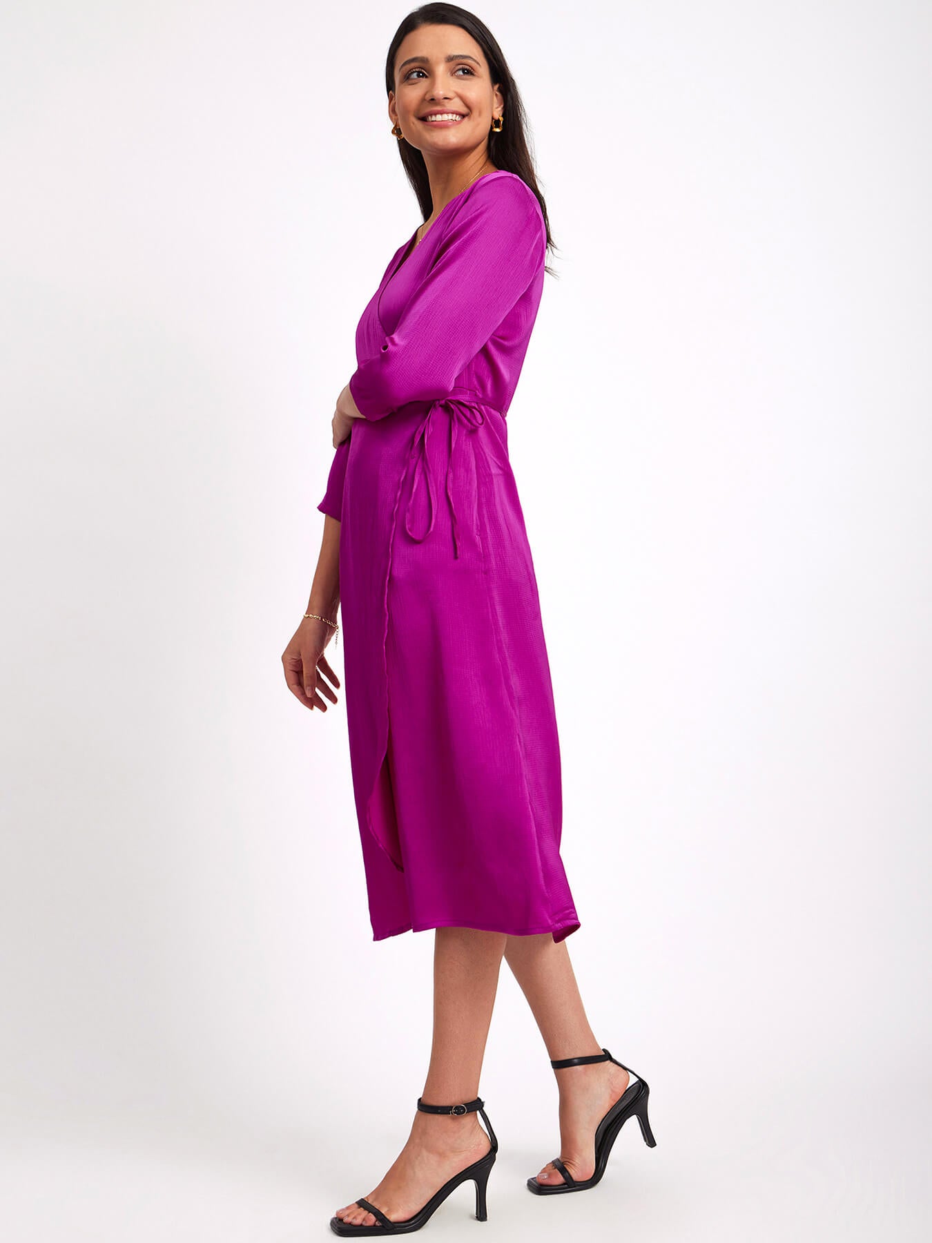 Satin V Neck Wrap Dress - Fuchsia