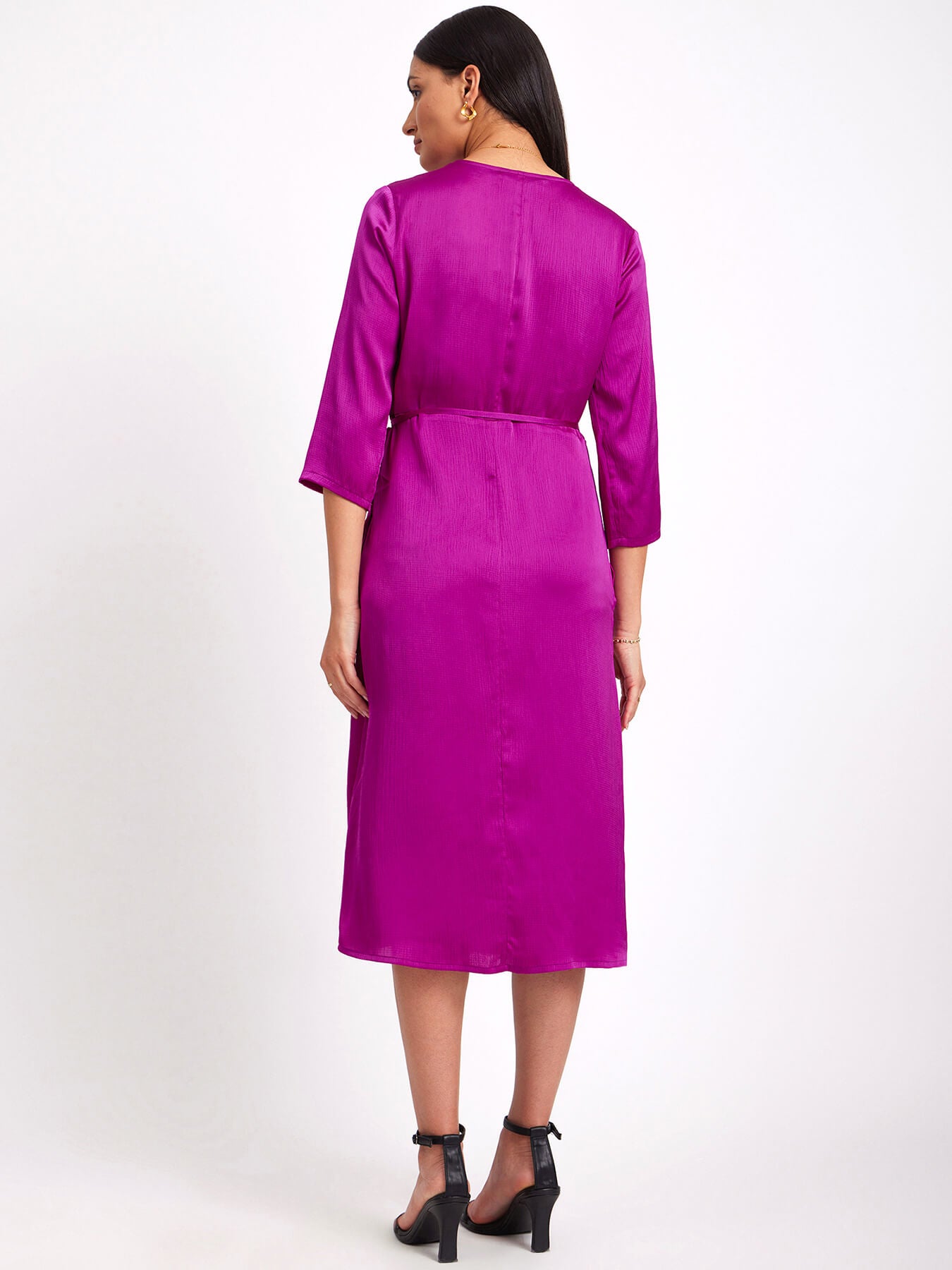 Satin V Neck Wrap Dress - Fuchsia