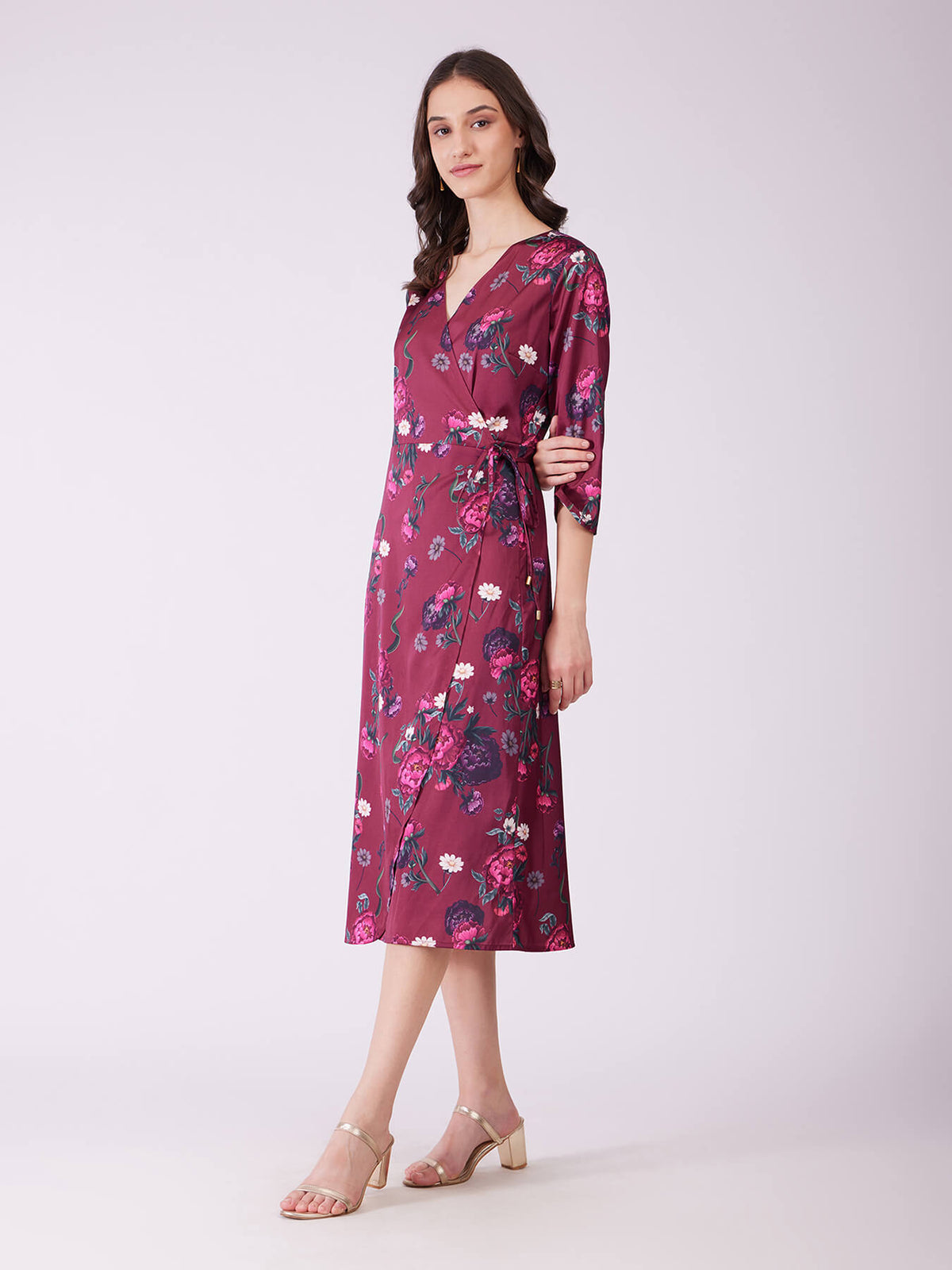 Stretch Satin Floral Wrap Dress - Plum