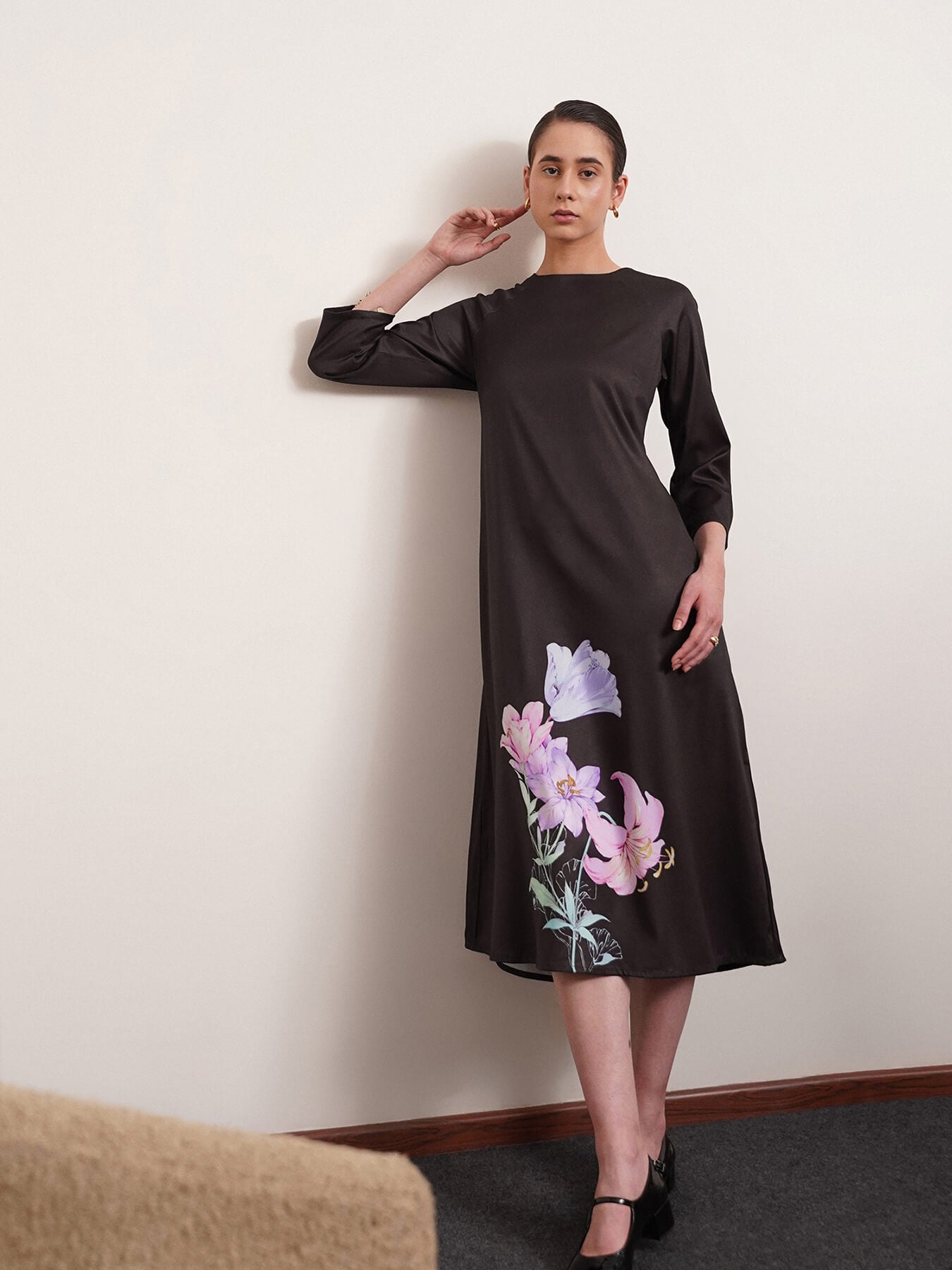 Floral Print A-Line Dress - Black