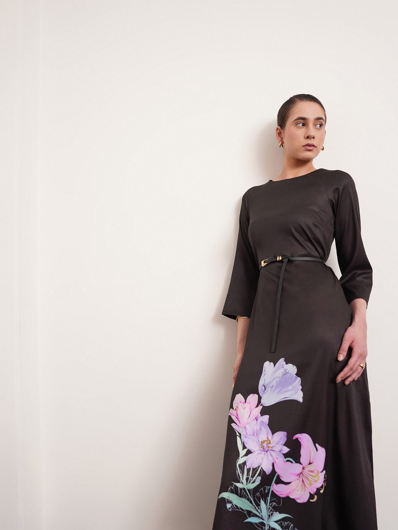 Floral Print A-Line Dress - Black