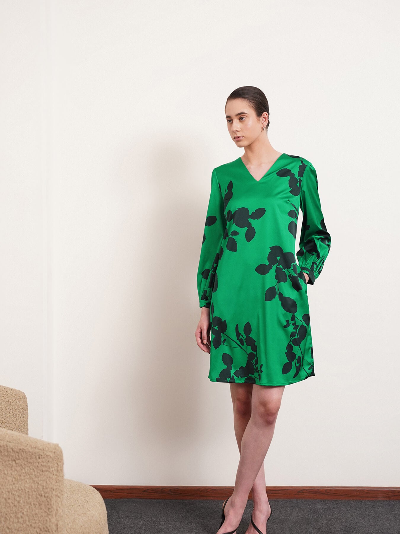 Satin Floral Print Shift Dress - Green And Black