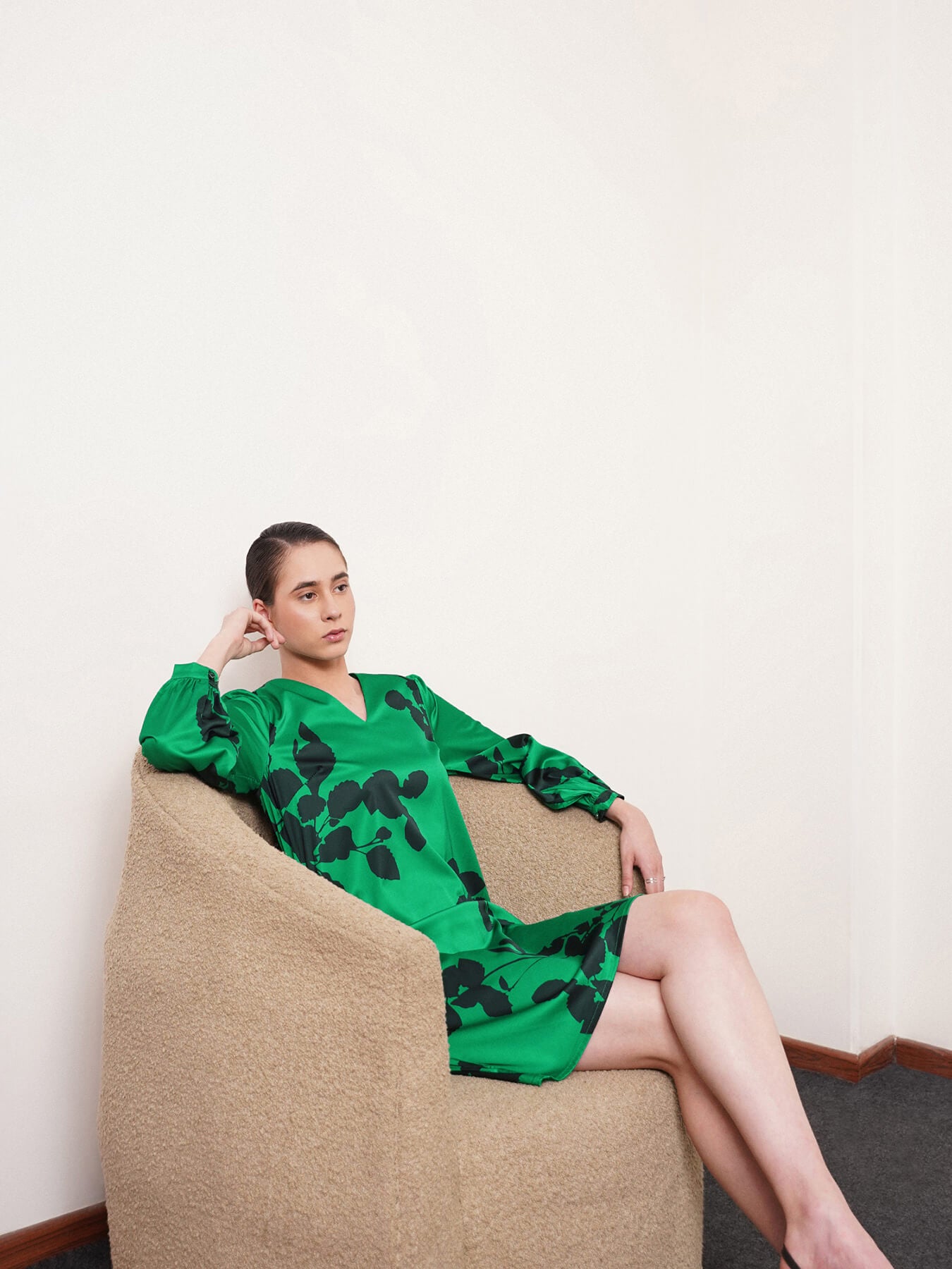 Satin Floral Print Shift Dress - Green And Black