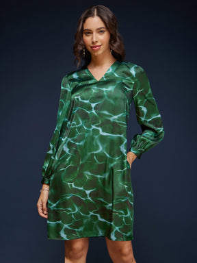 Satin Abstract Print Dress - Green