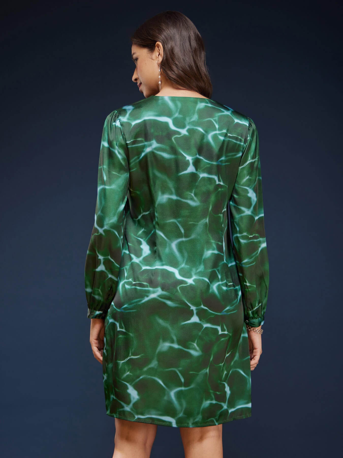 Satin Abstract Print Dress - Green