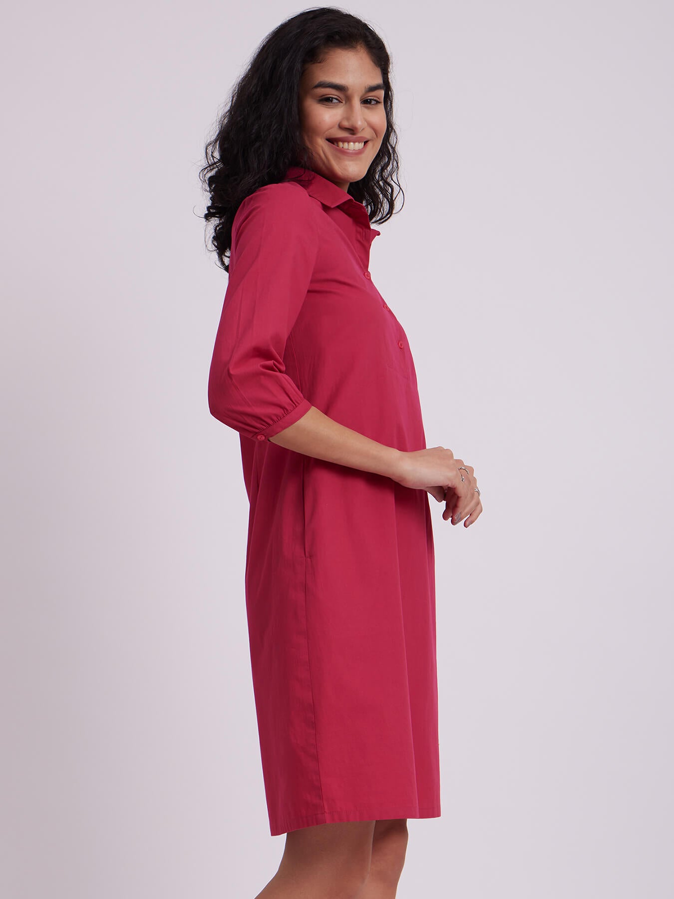 Tie Up Sleeve Dress -  Fuchsia