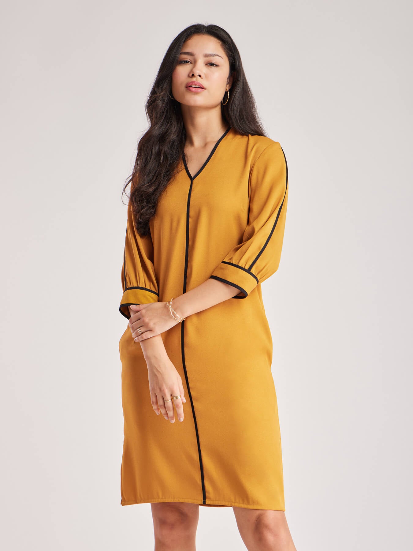 Colour Block Dress - Mustard And Black