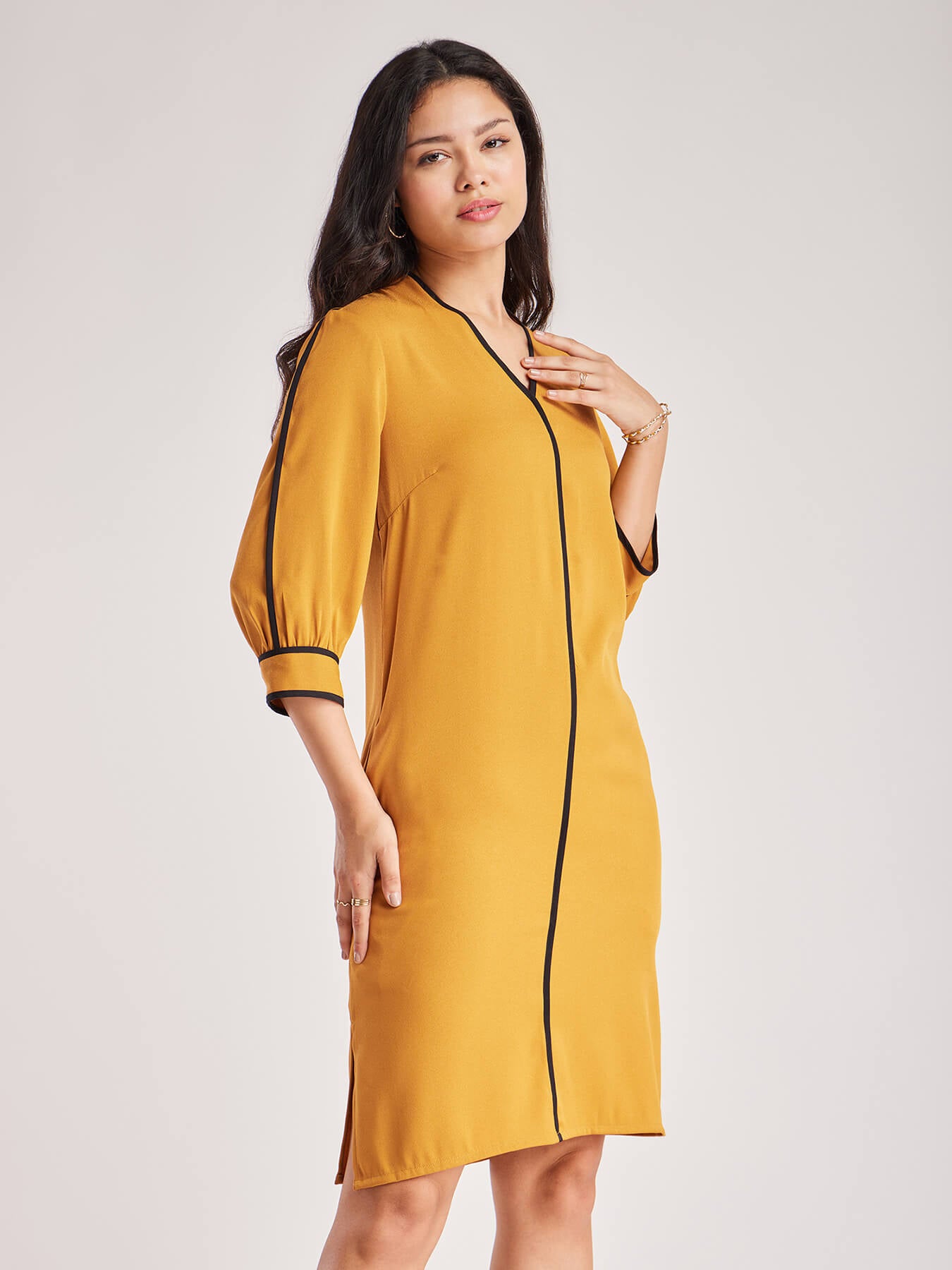 Colour Block Dress - Mustard And Black