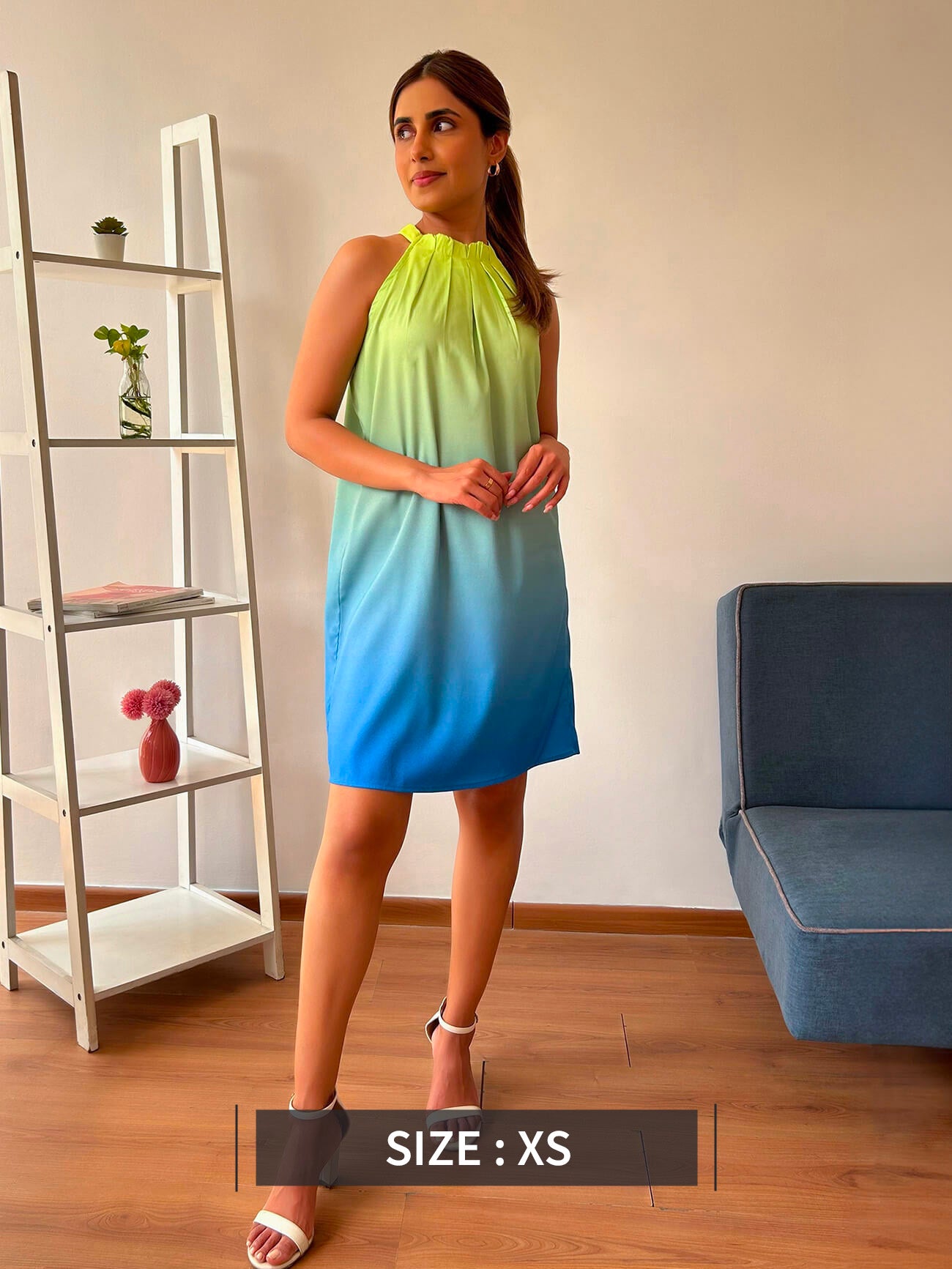 Box Pleat Ombre Dress - Green and Blue