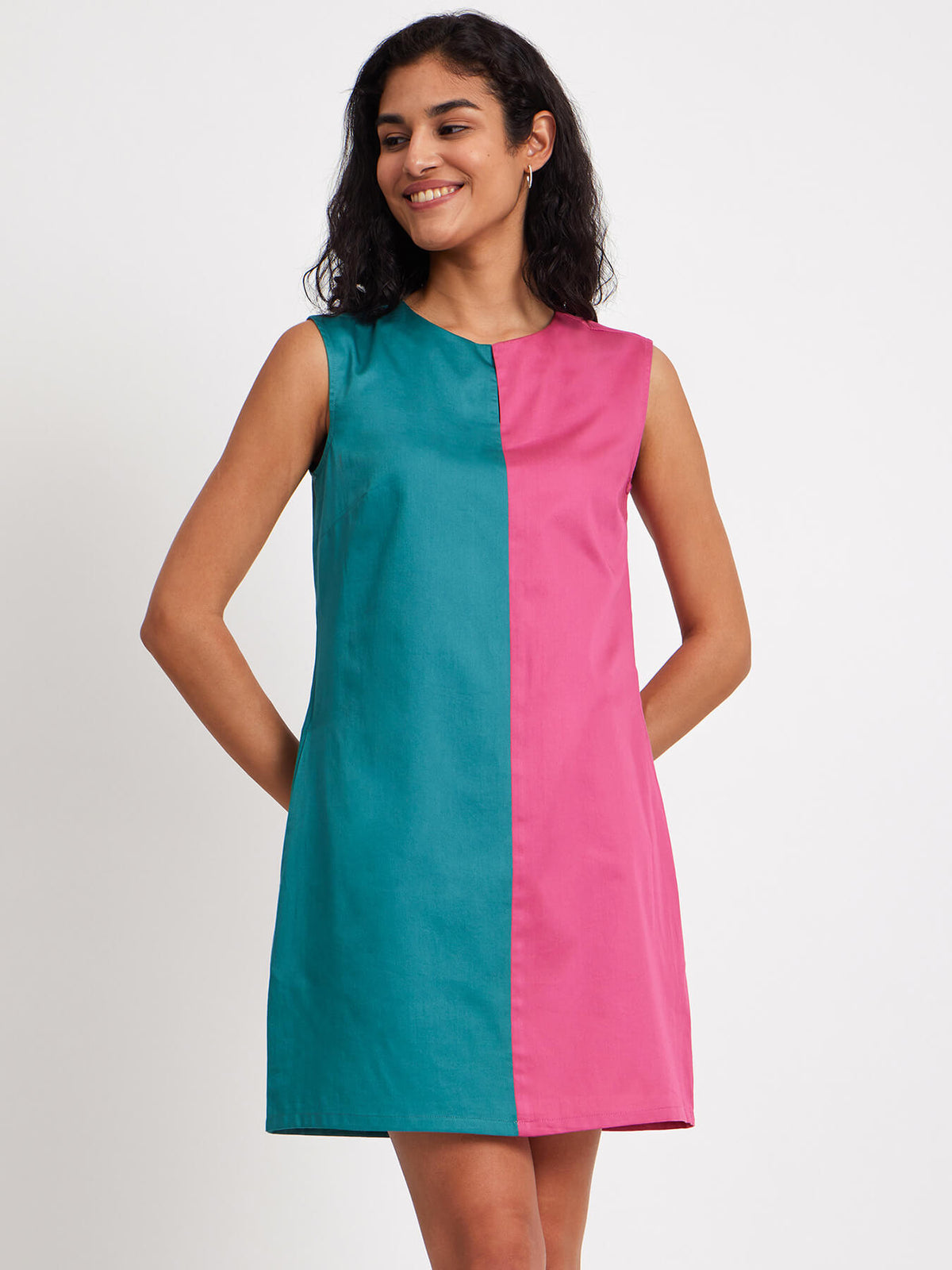 Colour Block Sleeveless Dress - Pink And Teal