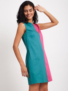 Colour Block Sleeveless Dress - Pink And Teal