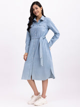 Denim Shirt Collar Dress - Blue