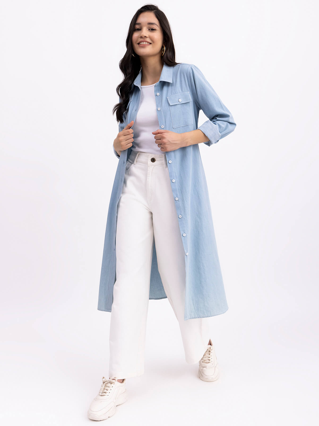 Denim Shirt Collar Dress - Blue