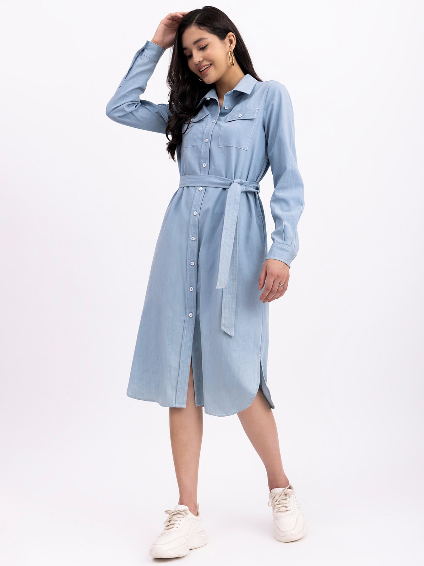 Denim Shirt Collar Dress - Blue