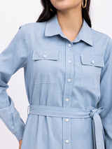 Denim Shirt Collar Dress - Blue