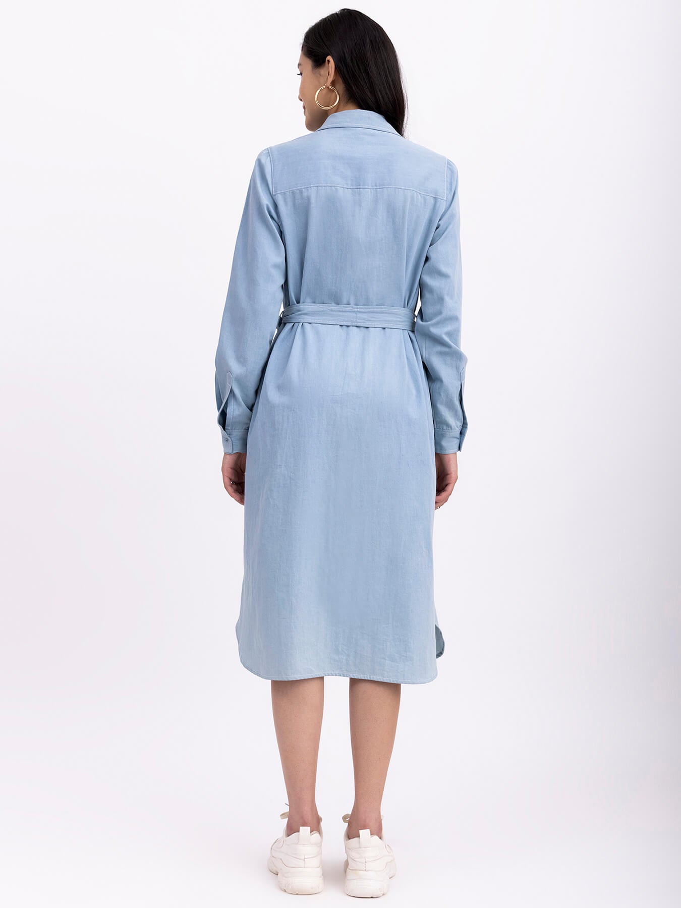 Denim Shirt Collar Dress - Blue