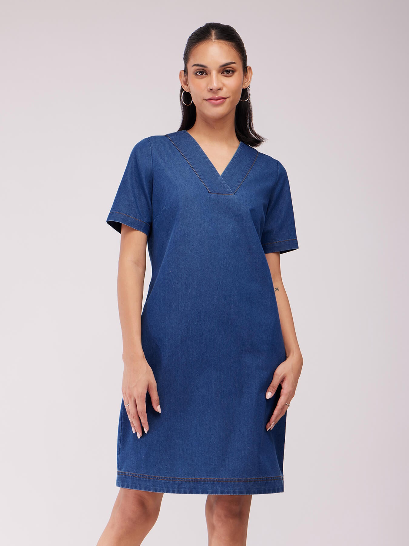 Denim V-Neck Shift Dress - Navy Blue