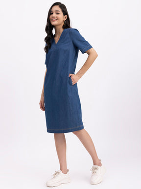 Denim V-Neck Shift Dress - Navy Blue