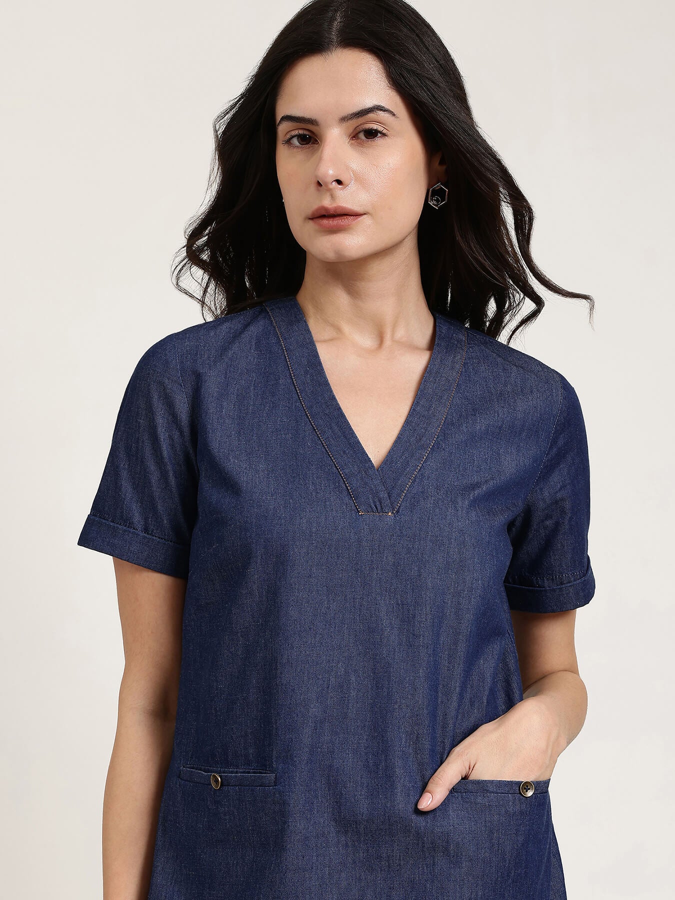 Denim V-Neck Dress - Navy Blue