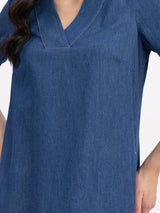 Denim V-Neck Shift Dress - Navy Blue