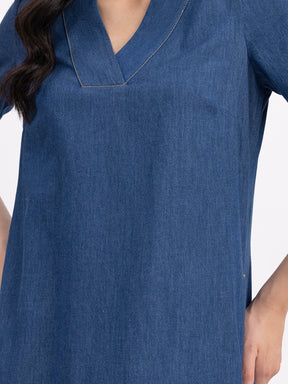 Denim V-Neck Shift Dress - Navy Blue