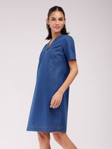 Denim V-Neck Shift Dress - Navy Blue