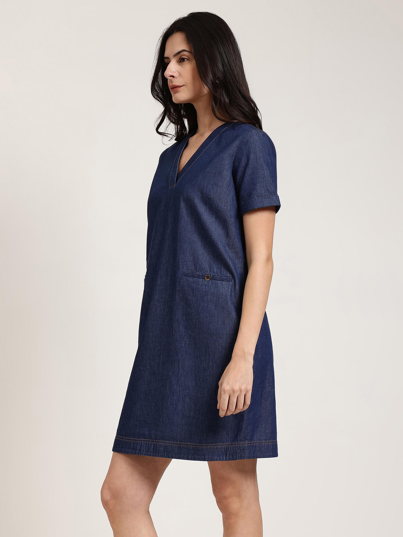 Denim V-Neck Dress - Navy Blue