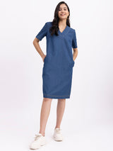 Denim V-Neck Shift Dress - Navy Blue