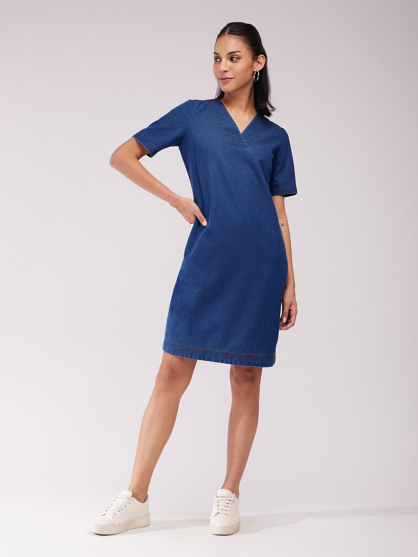 Denim V-Neck Shift Dress - Navy Blue