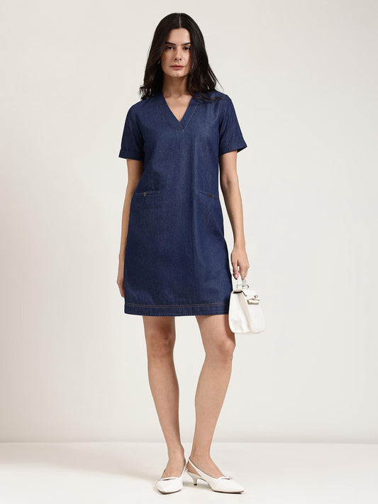 Denim V-Neck Dress - Navy Blue