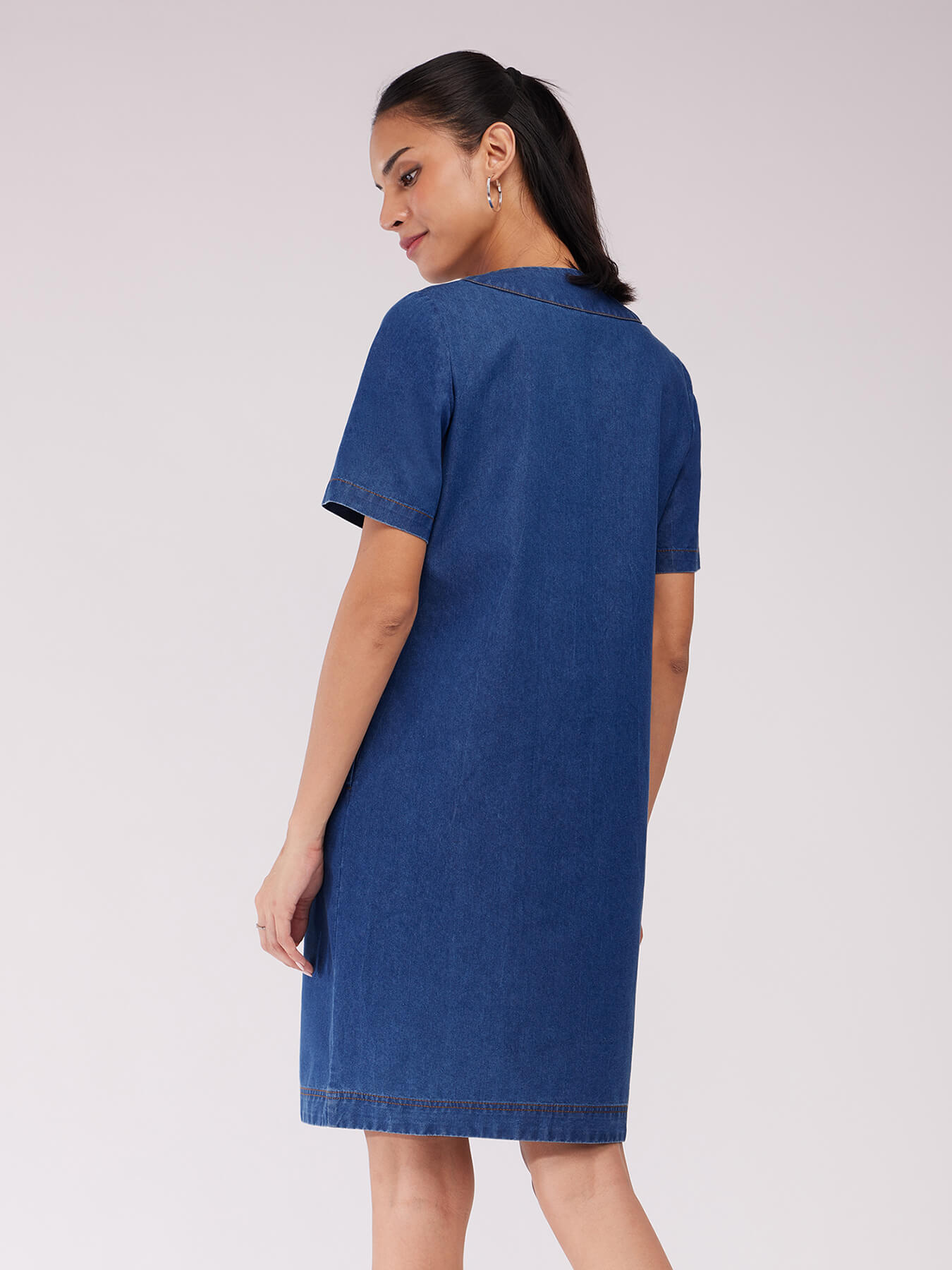 Denim V-Neck Shift Dress - Navy Blue