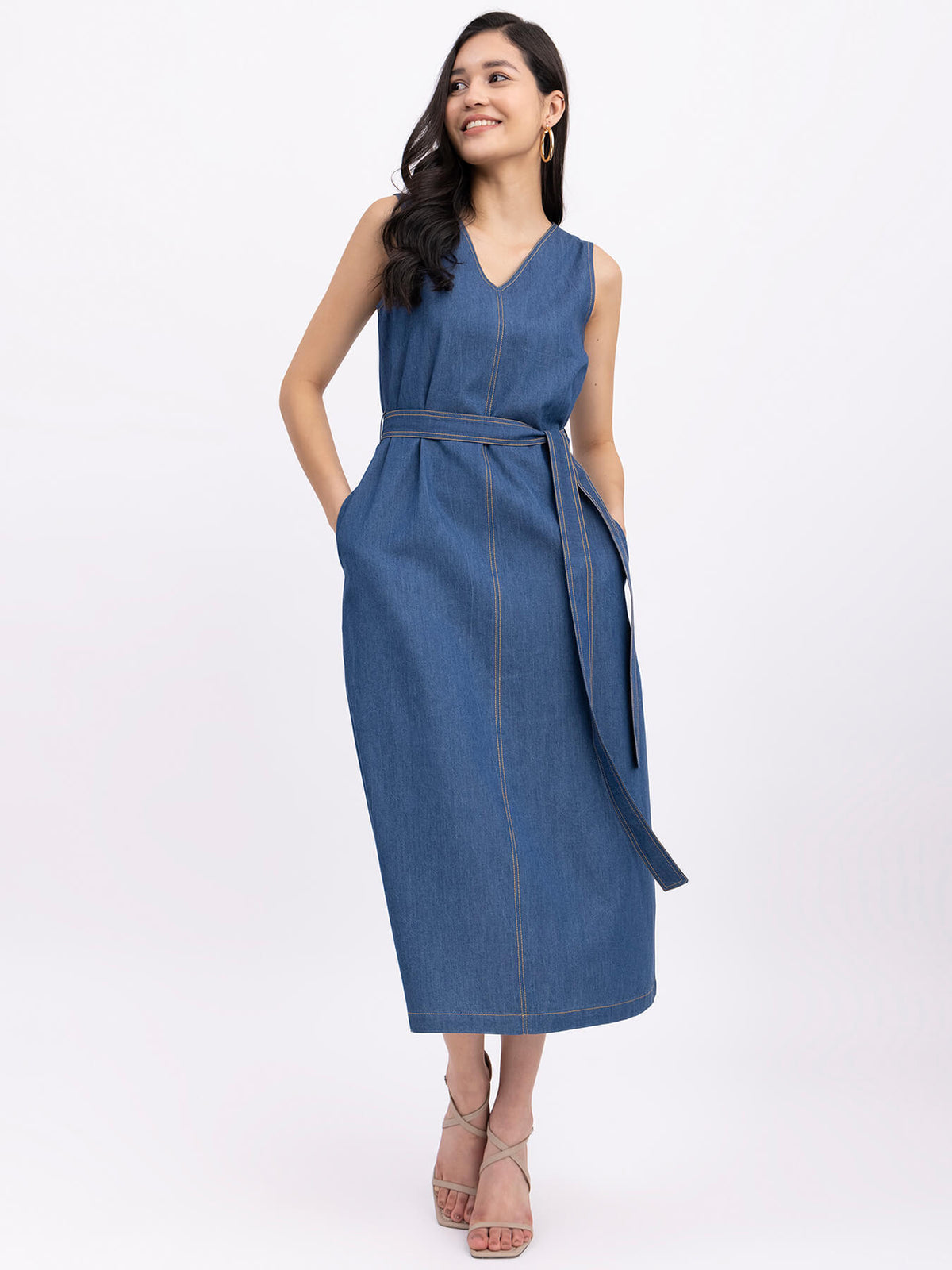 Denim V-Neck Sleeveless Dress - Navy Blue