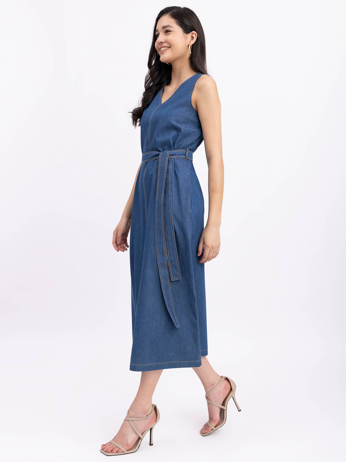 Denim V-Neck Sleeveless Dress - Navy Blue
