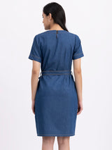 Denim Round Neck Dress - Navy Blue