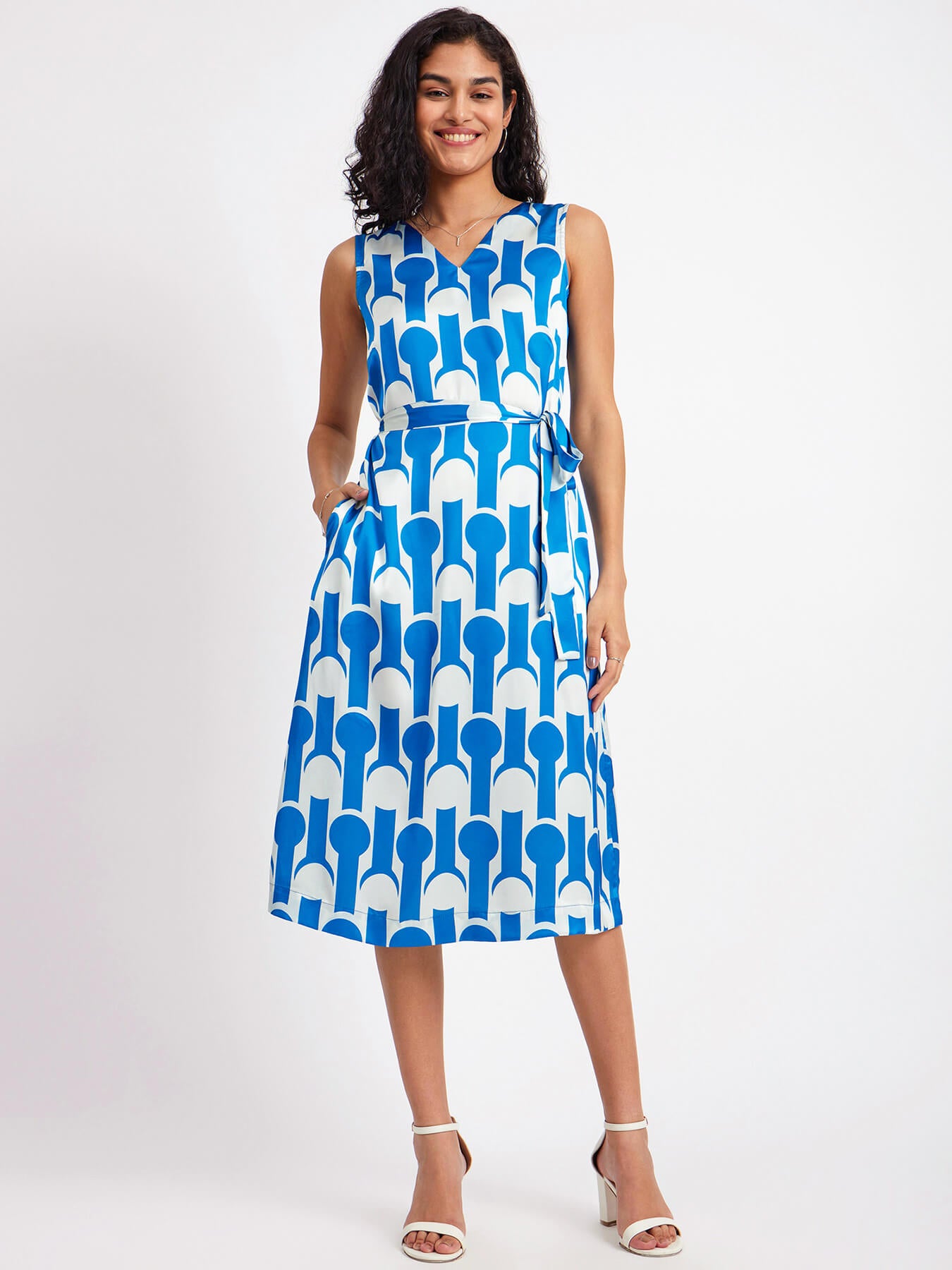 Satin Geometric Print Dress - Blue And White